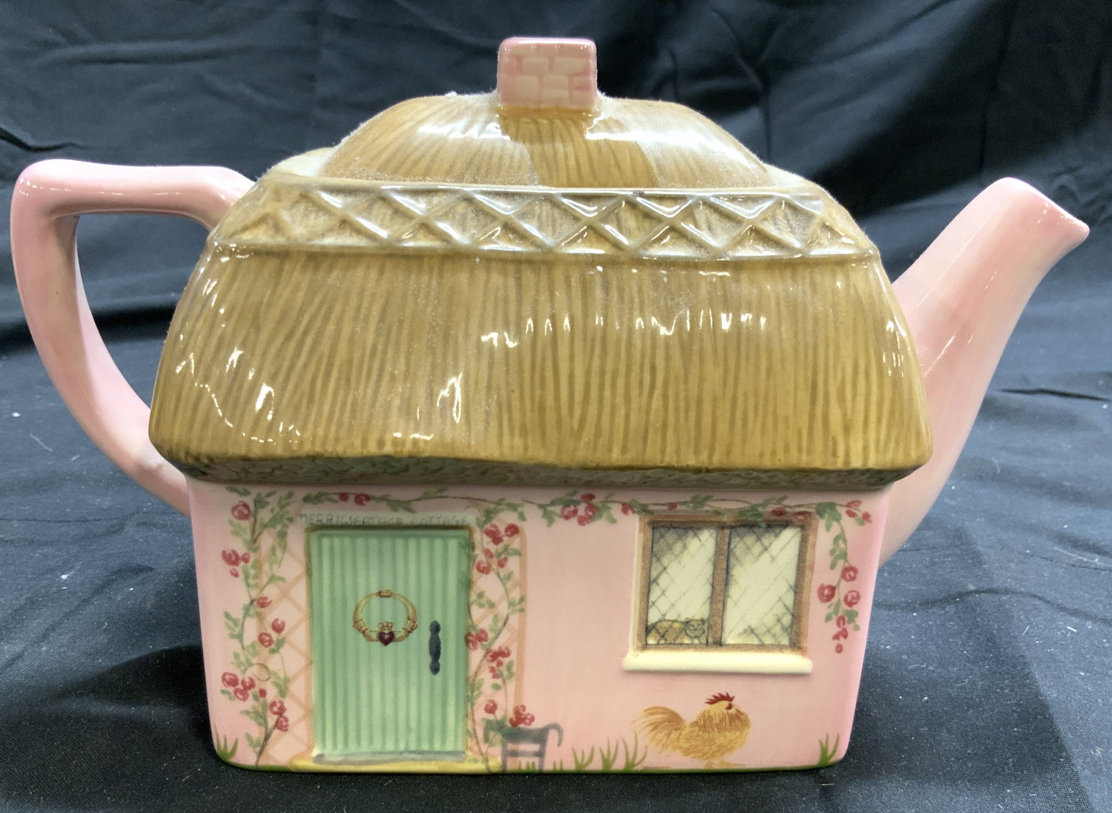 PFALTZGRAFF Vtg Porc Cottageware Teapot W Lid: Underside is marked PFALTZGRAFF THE CIRCLE OF KINDNESS. Teapot is vintage and porcelain. Teapot includes lid. Piece is pink and tan toned. Cottageware teapot. Piece measures approximately 8 inches dee
