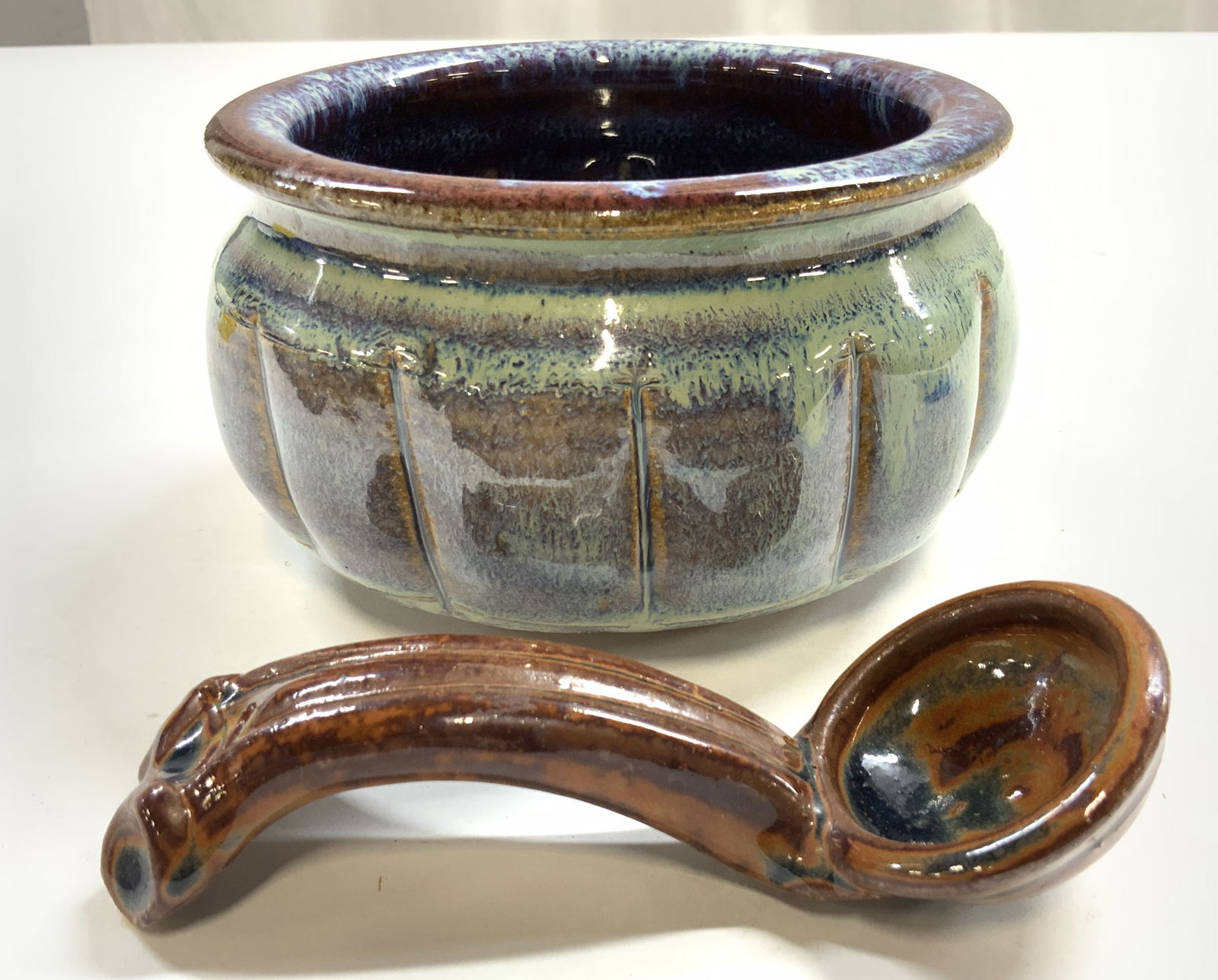 Lot 2 Signed Scalloped Ceramic Vessel & Ladle (1 of 7)