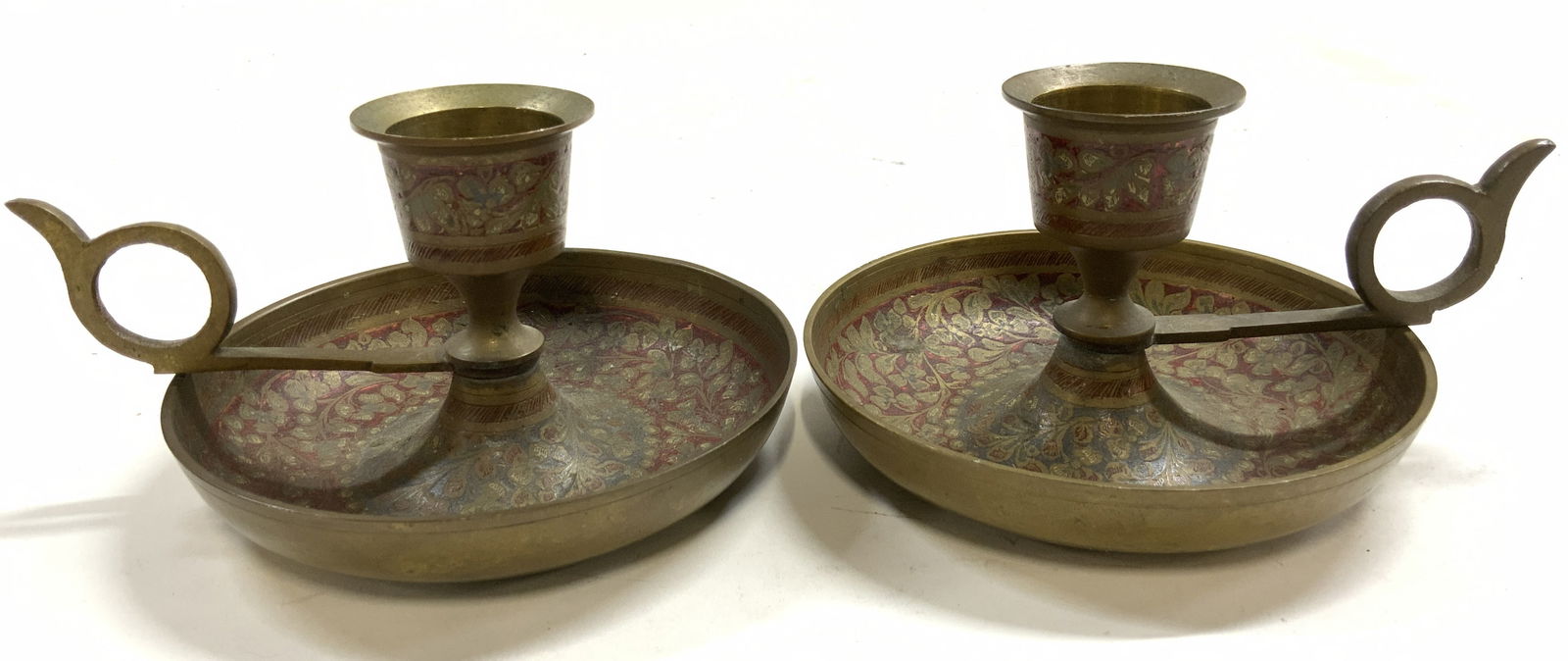 Pr Vntg Painted Asian Brass Candlesticks (1 of 6)