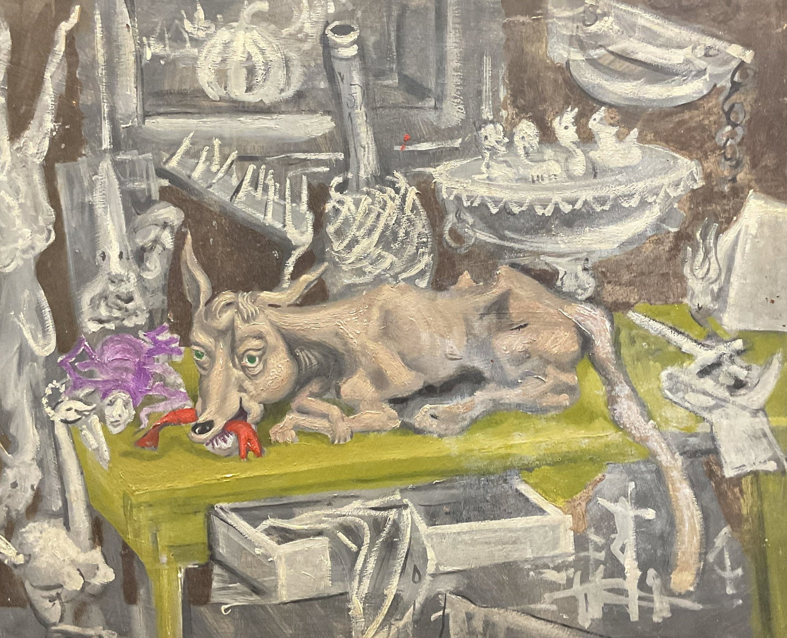 Interior Scene with Dog, Oil on Board Painting: Oil on board painting. Interior scene with dog. Muted grey, brown, and green. Measures approx. 20 x 24 inches. Some wear consistent with exposure. Chip to board. Art, fine art, framed art, home decor,