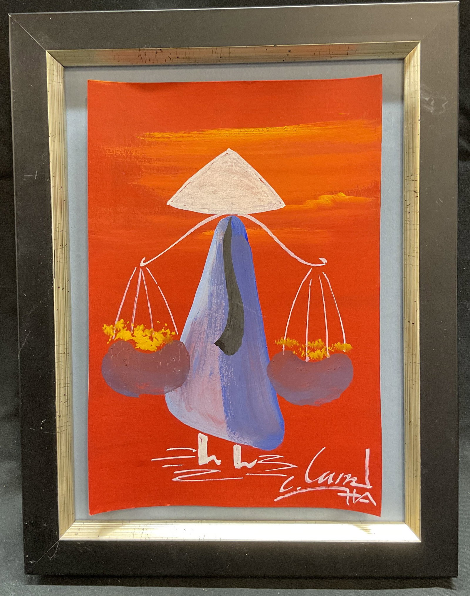 Signed Vietnamese Woman w Baskets Painting: Framed and signed gouache painting on paper. Vietnamese woman carrying baskets. Signed on lower right, illegible. Framed in black wood frame. Paper mounted on panel. Not examined out of frame. Measure