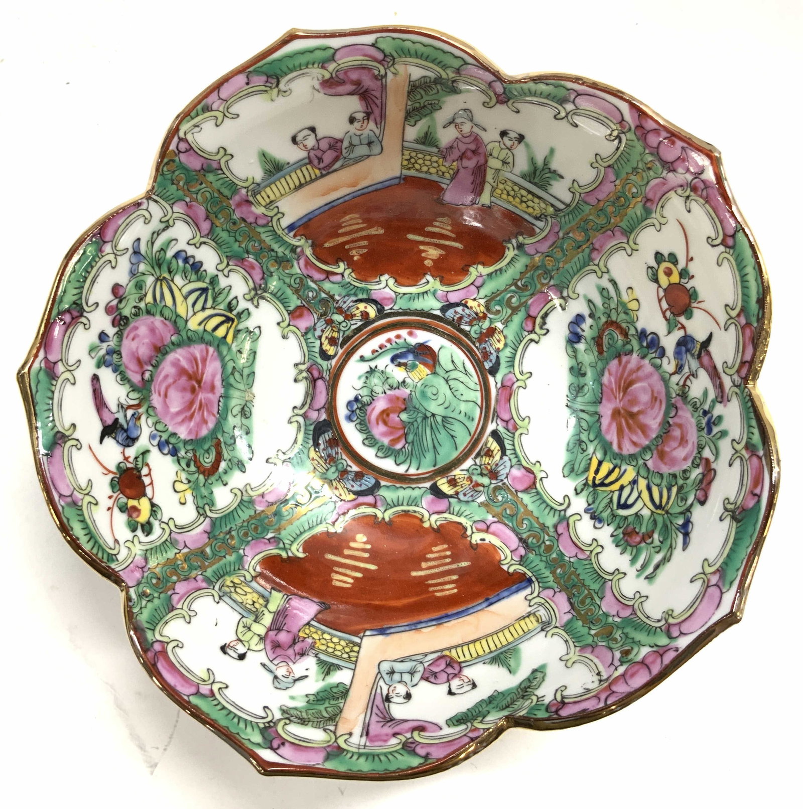 Signed Vtg Hand Painted Asian Porcelain Bowl: Underside is signed with red toned Asian characters. Bowl is vintage. Piece is hand painted with floral, leaf, butterfly, & figural detail. Bowl has gilt rim with floral petal form. Piece measures app