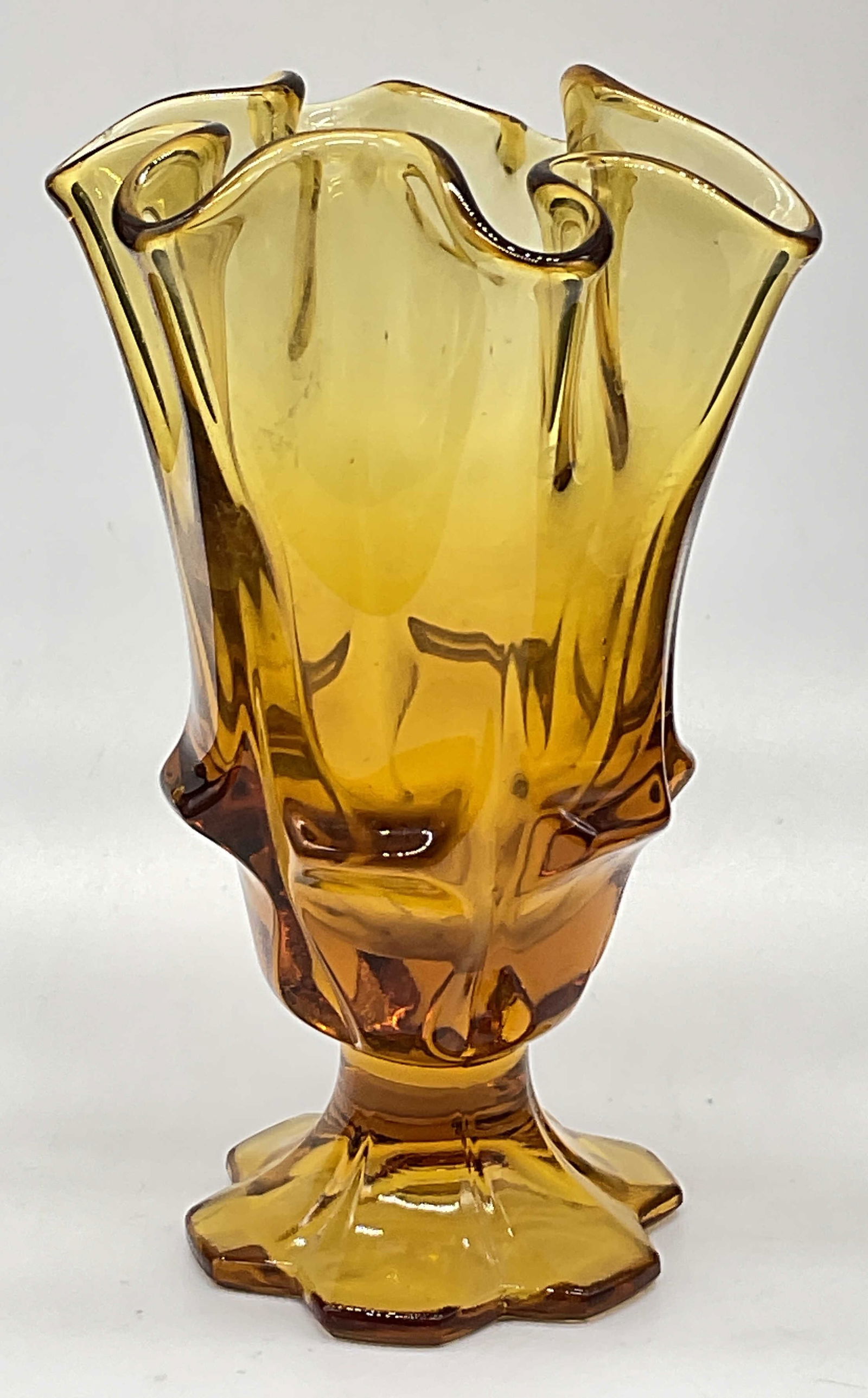 Vintage Ruffled Rim Amber Glass Vase (1 of 6)