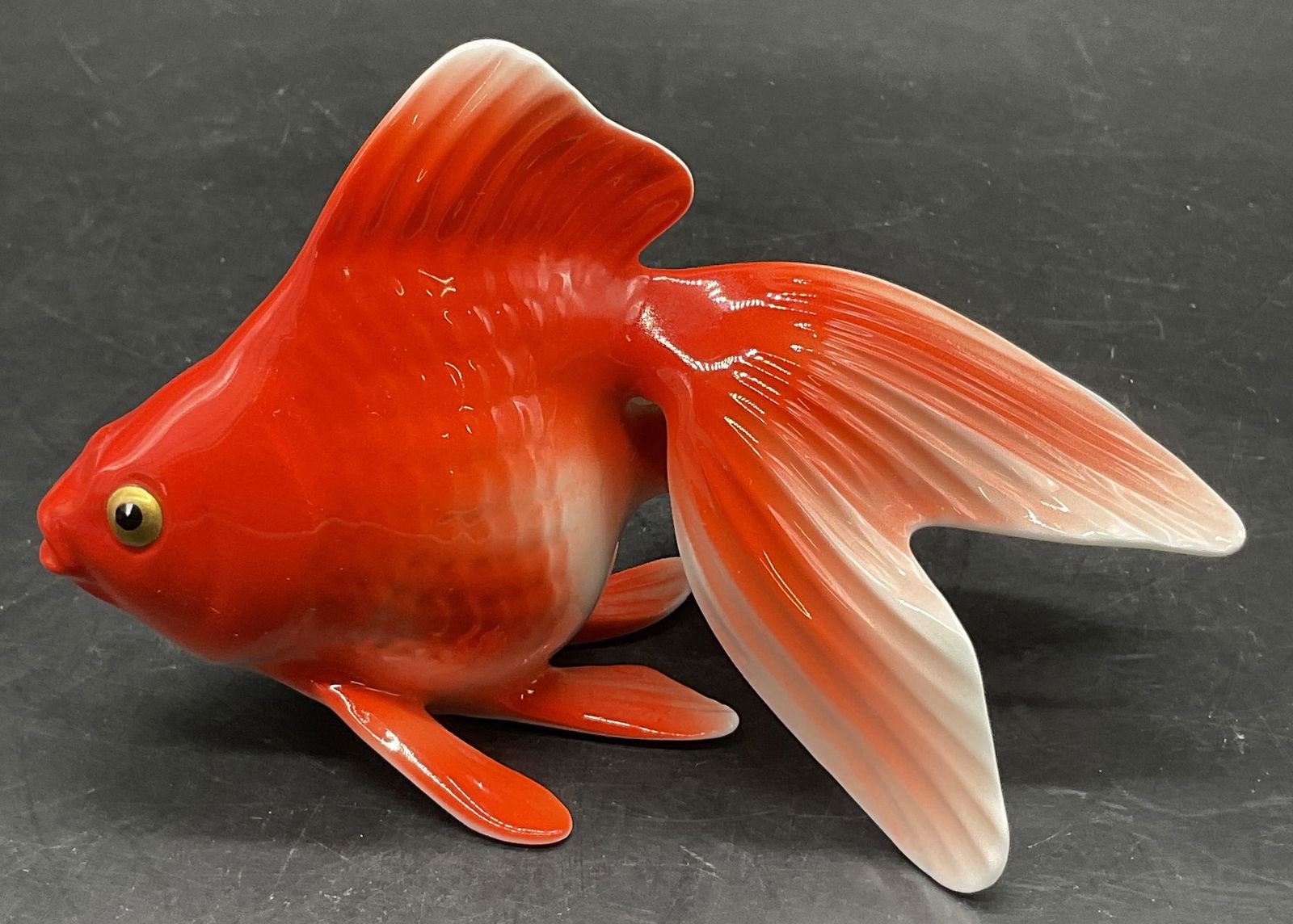 NORITAKE BONE CHINA Goldfish Figural, Japan: NORITAKE BONE CHINA Goldfish Figural. Underside signed NORITAKE BONE CHINA, JAPAN. Measures approx. 3.5H x 5.5W in. Surface wear consistent with age, use, and exposure. home decor, home accents, homew