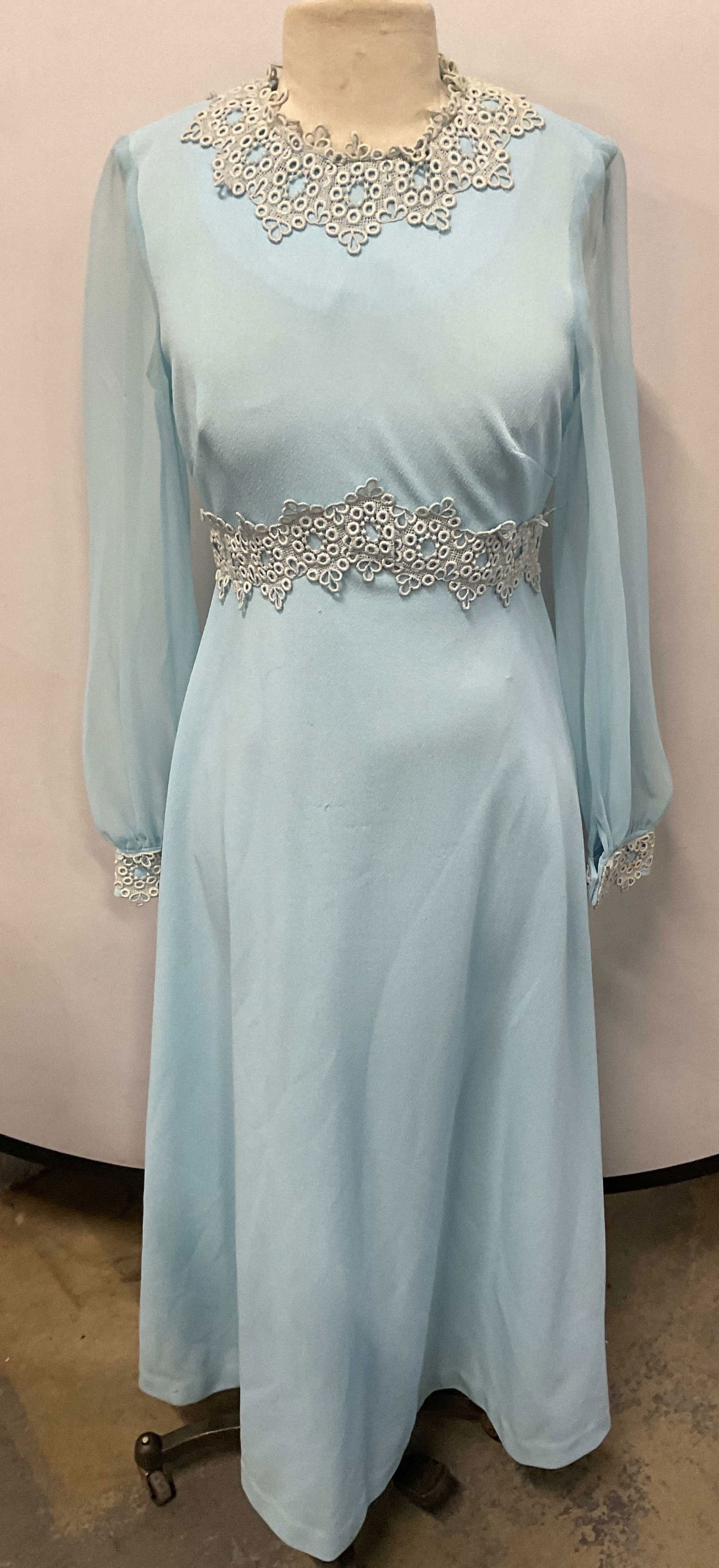 Vintage Blue White Lace Long Sleeve Dress: Vintage blue sheer long sleeve dress with white lace detail. Back zipper. Measures approx. 16.5 inches across chest. Material feels synthetic. Ladies dress, ladies vintage dress, ladies blue dress, la