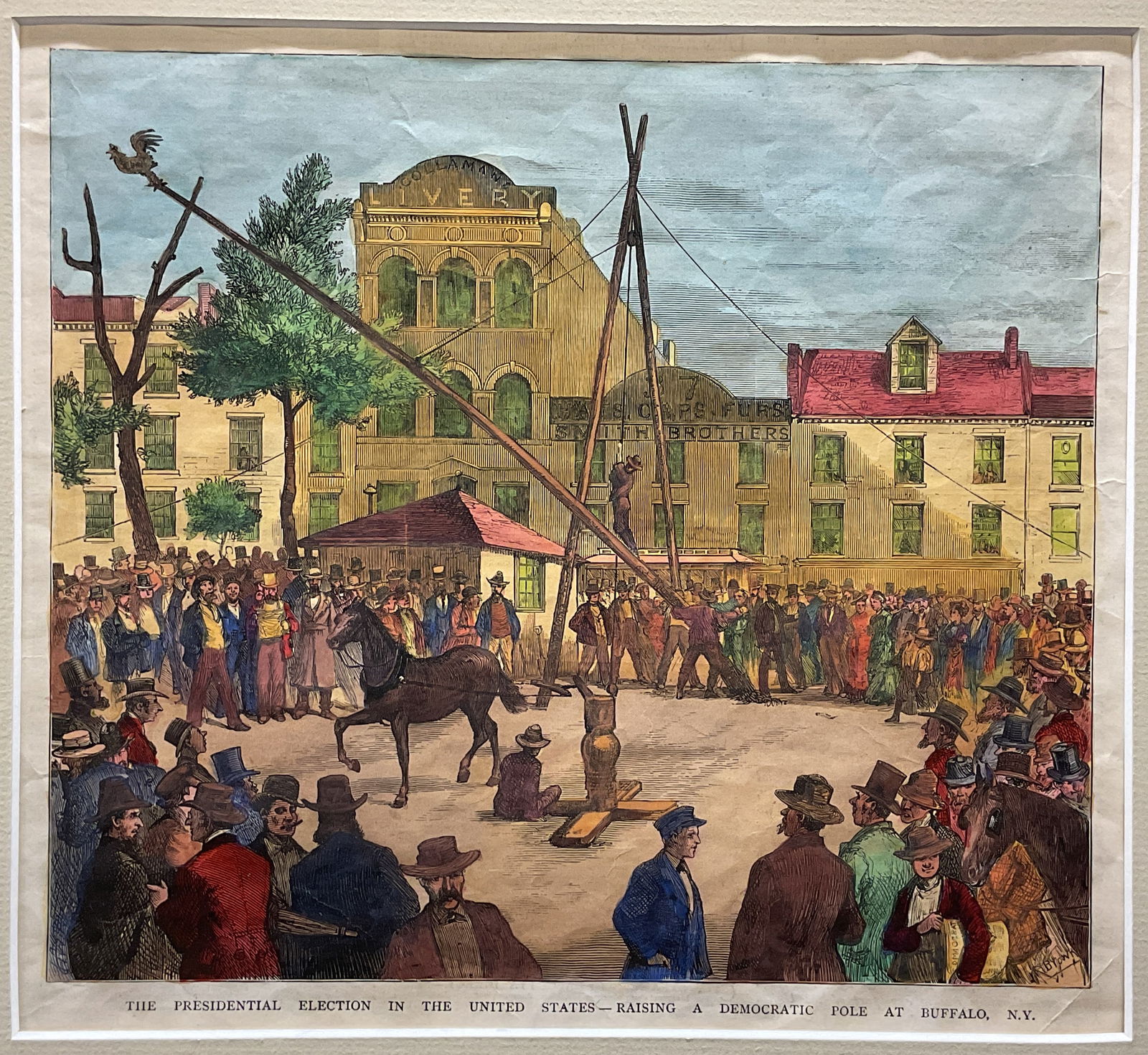 Antique Wood Engraving, USA Election Scene: Antique matted colored wood engraving on newsprint. The Presidential Election In The United States - Raising A Democratic Pole at Buffalo, New York. Public gathering of voters in Buffalo, New York. To