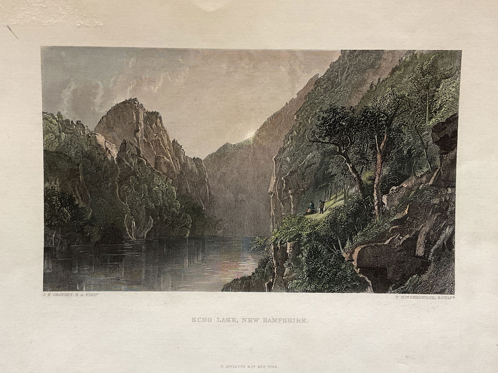 Antq JF Cropsey Hinshelwood Echo Lake Engraving: Antique colored engraving on paper. Engraving by P. Hinshelwood, original painting by J. F. Cropsey. Published by D. Appleton & Co. View of Echo Lake, New Hampshire with tree and mountains. Paper meas