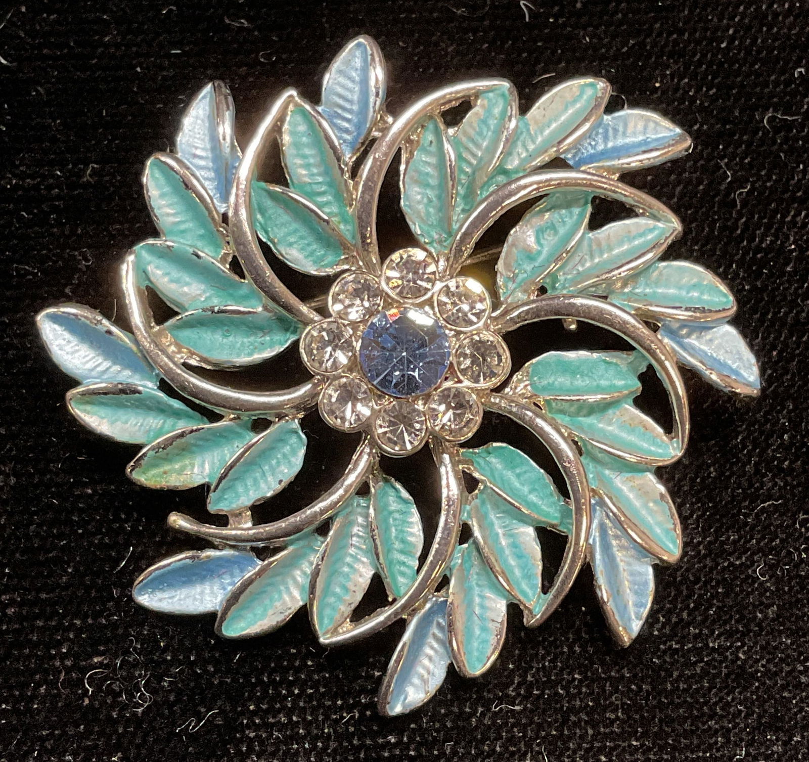 Vtg Silver Tn Enamel Crystal Flower Brooch (1 of 6)
