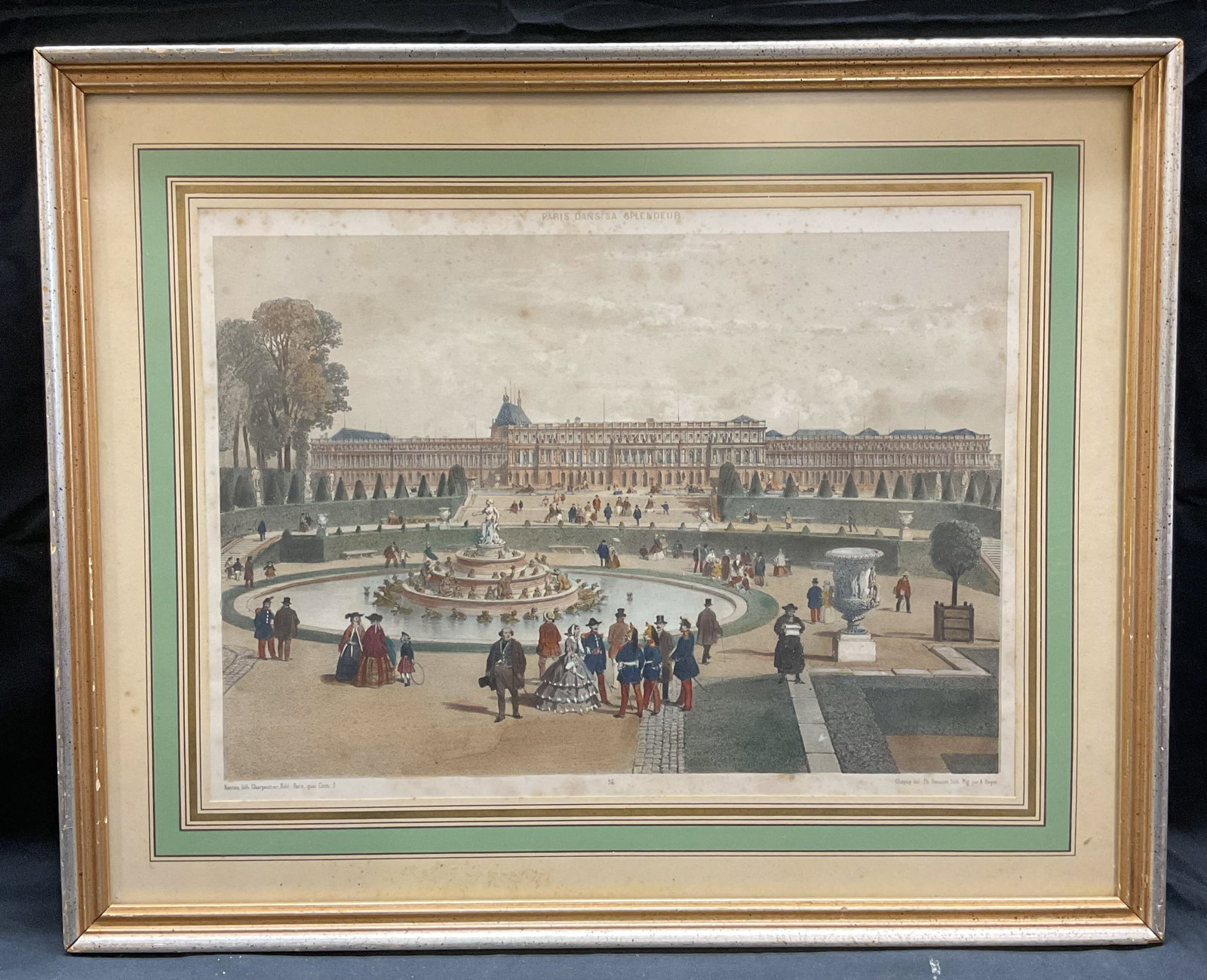 Antq Charpentier Paris Versailles Palace Litho: Antique framed lithograph on paper. Artwork by Henri Charpentier. Lithography by Chapuy & Benoist. Palace of Versailles from the Splendors of Paris series. View of Versailles from courtyard with figur