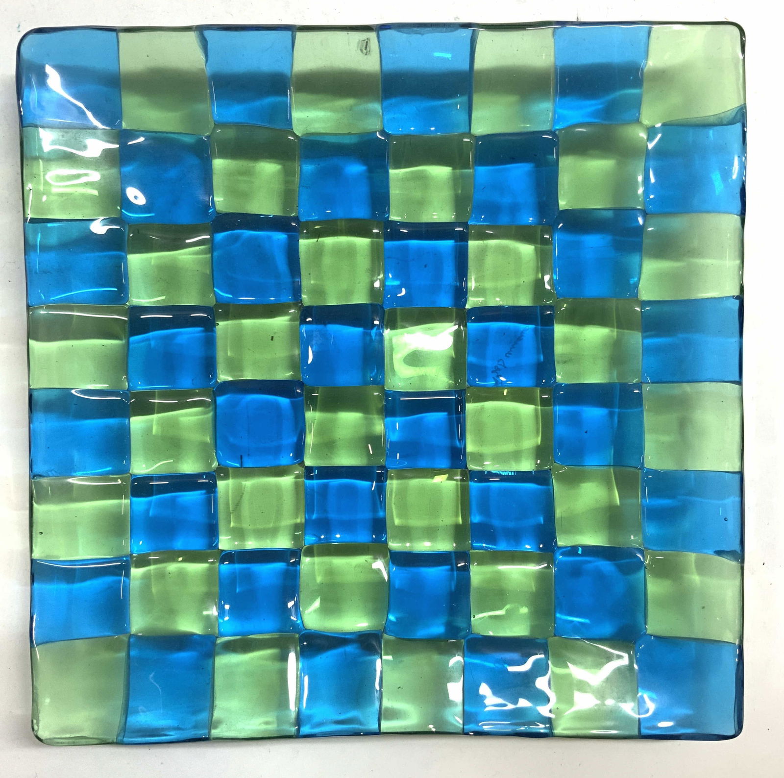 Signed Checkered Fused Art Gls Srv Dish Grn & Blue (1 of 6)