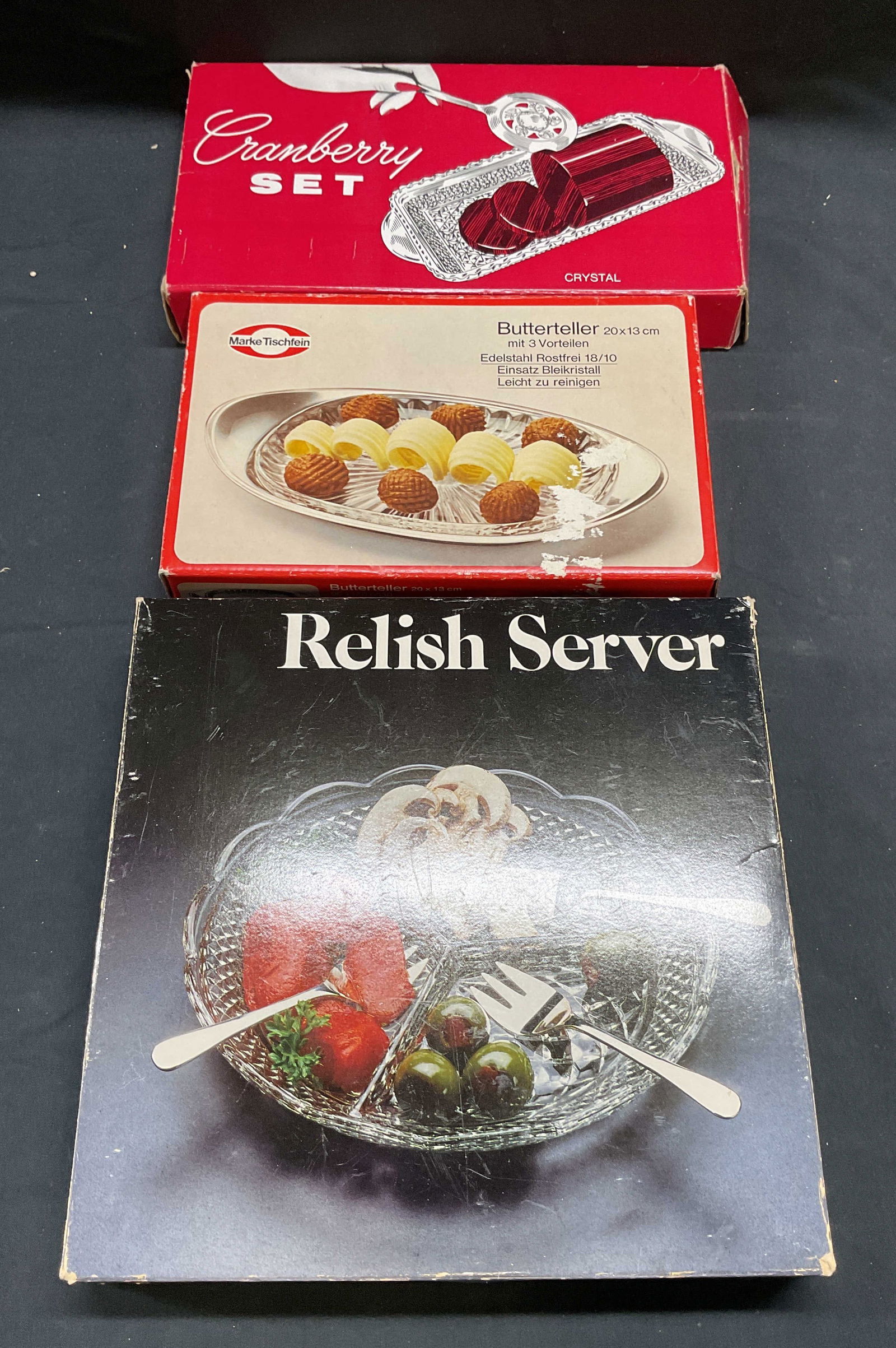 Lot 3 Vtg Butter Dish, Relish Dish + NIB (1 of 6)