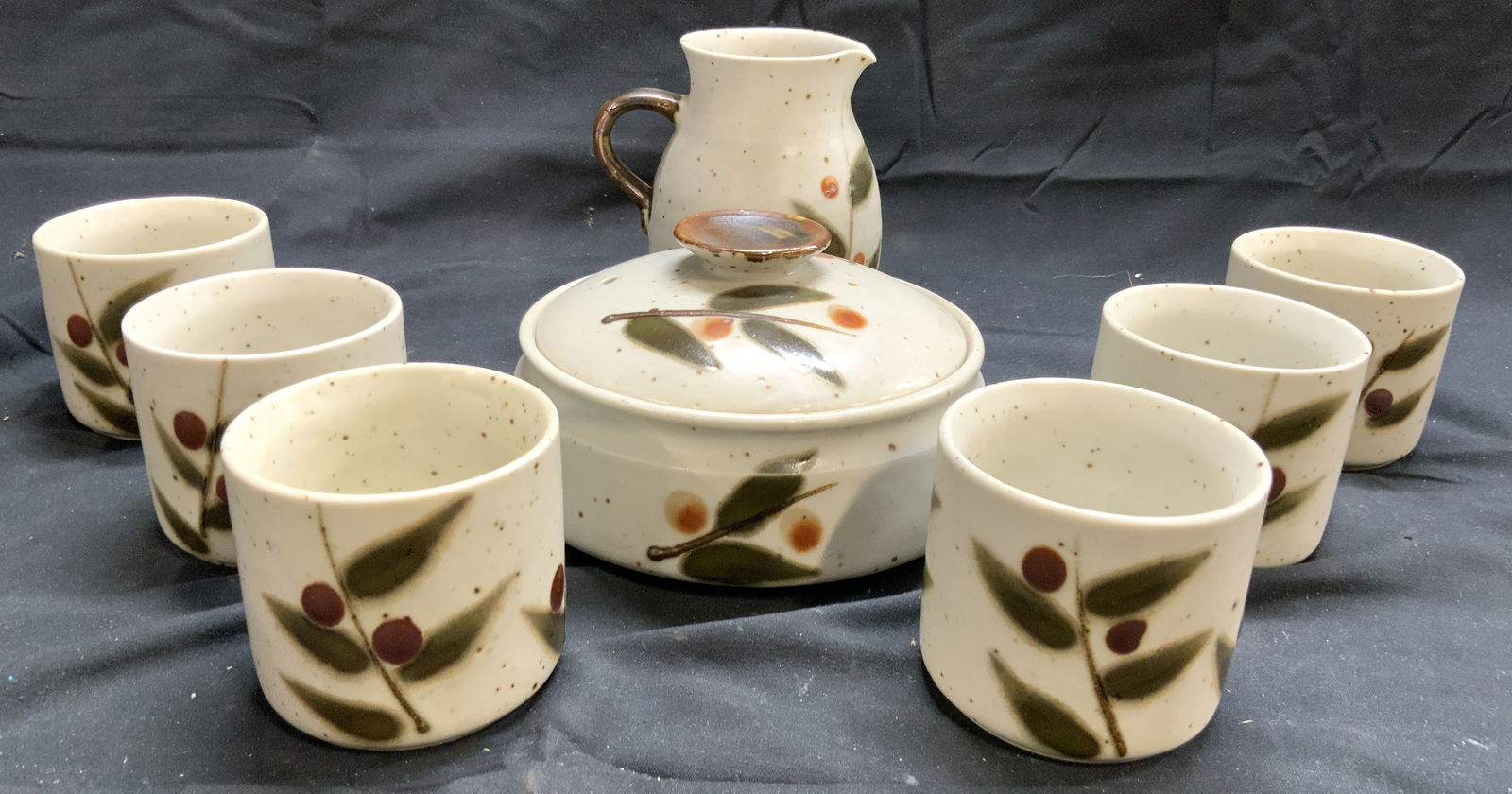 Set 8 Stoneware Pitcher, Cups, & Lidded Vessel (1 of 6)