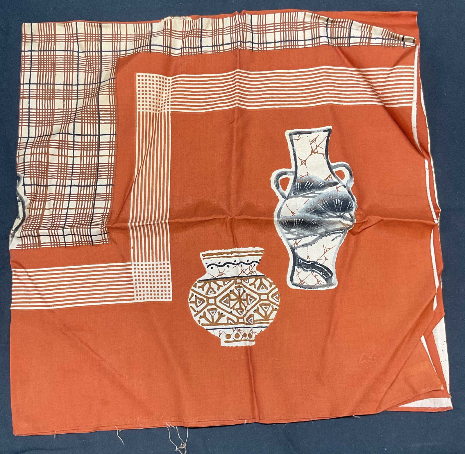 Vintage Orange Vase Print Scarf: Vintage orange scarf with graphic print vase and striped design. Feels like cotton. Measures approx. 28 x 28 inches. Wear to edged and seams consistent with exposure. Scarf, orange scarf, vase scarf, 