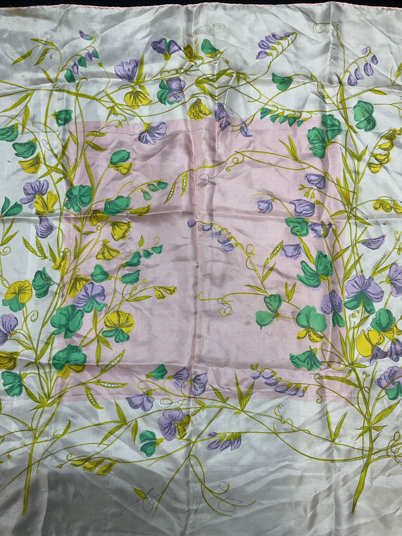 Vintage Sally Gee White Silk Floral Scarf: Vintage Sally Gee silk scarf in white and pink floral print. Measures approx 27 x 27 inches. Wear including blemishes, pulls, and small holes. Scarf, silk scarf, accessories, fashion accessories, wear