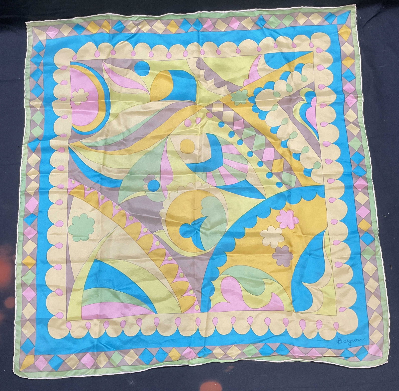 Vintage Bayuri Pastel Graphic Print Silk Scarf: Vintage Bayuri pastel multicolor graphic print scarf. Feels like silk. Measures approx 26 x 26 inches. Wear including blemishes and small holes observed. Scarf, silk scarf, accessories, fashion access