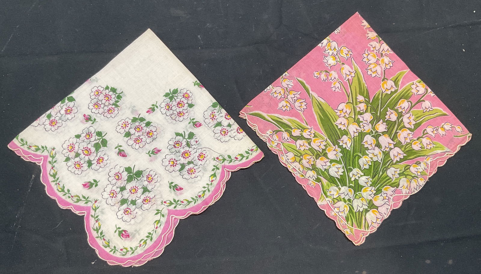 Lot 2 Vintage Floral Cotton Handkerchiefs: Lot of 2 vintage floral print cotton handkerchiefs in pink and white. Measure approx 13 x 13 inches each. Both have some wear including blemishes. Handkerchief, vintage handkerchief, collectible handk