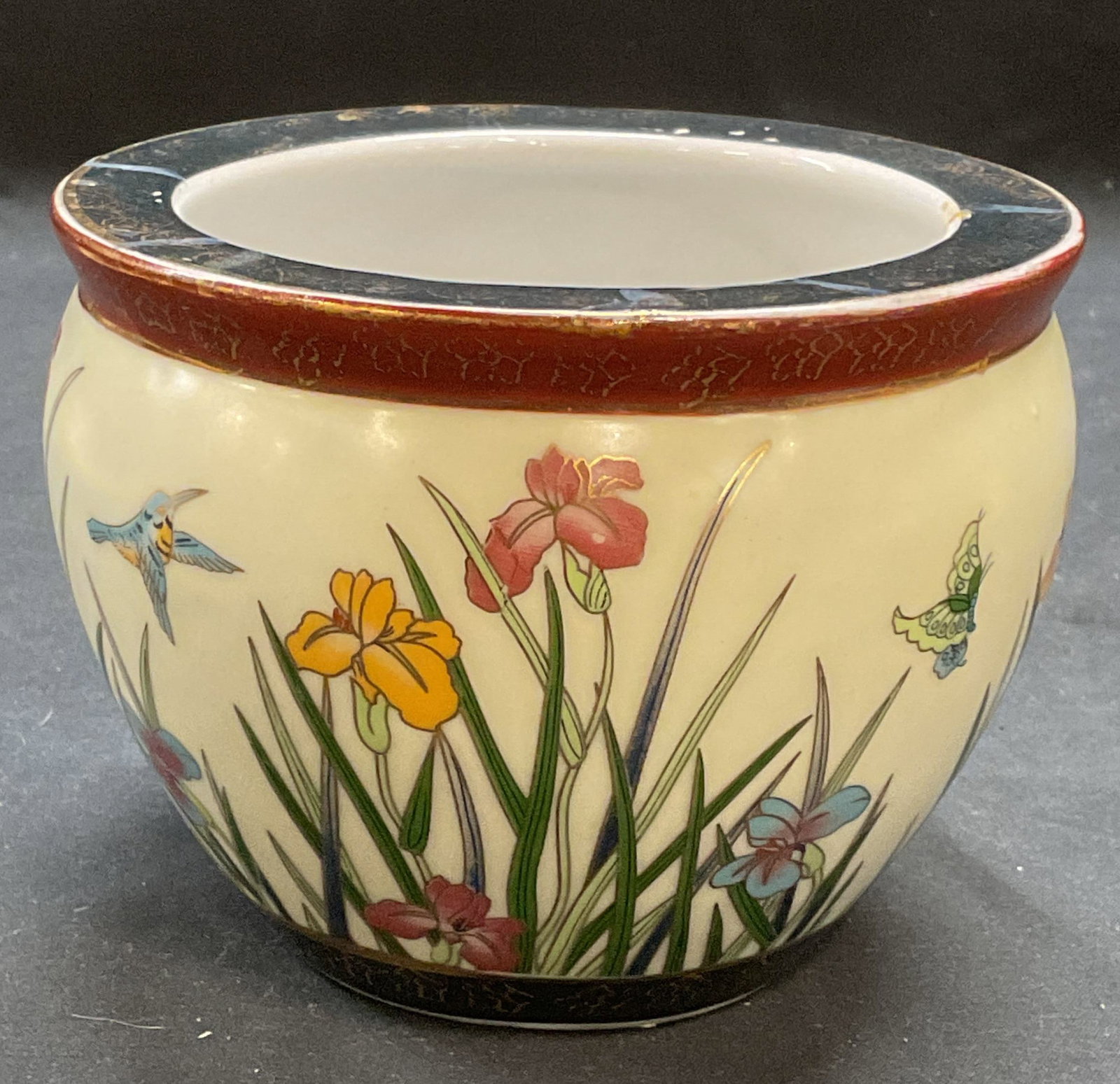 Asian Style Porcelain Floral Bird Vase: Asian style porcelain vase with floral and bird motif gilt decoration. Measures approx 4.75 x 3.75 inches. Some loss to paint and scratching observed. Vase, Asian style vase, porcelain vase, floral va