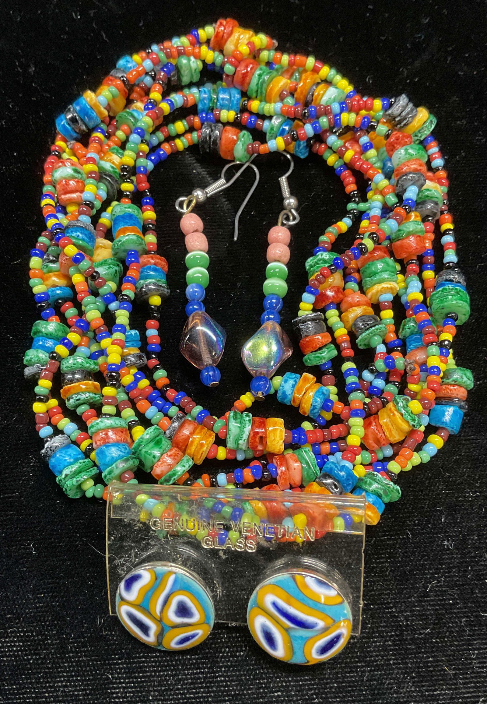 Lot 3 Venetian Glass Earrings, Colorful Jewelry: Lot of 3 jewelry pieces. Venetian glass earrings, beaded glass earrings, and colorful glass beaded double strand necklace. Necklace drop length approx 20.5 inches. Venetian glass earrings measure appr
