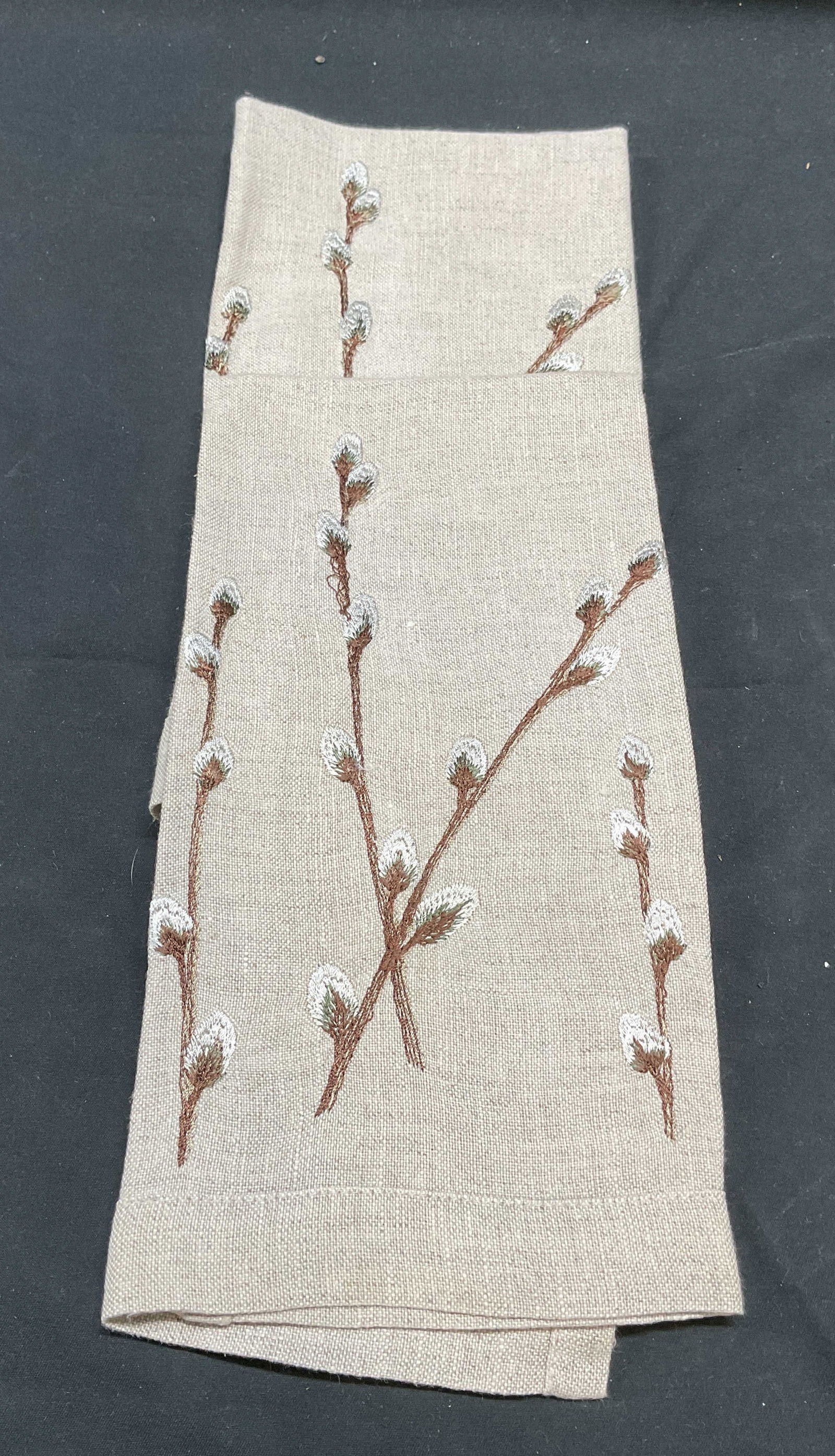 Pair ANALI Embroidered Linen Hand Towels: Pair of ANALI embroidered linen hand towels with floral design. Measures approx 20 x 14 inches each. Some wear consistent with exposure. ANALI hand towels, ANALI linen, linen hand towel, embroidered h