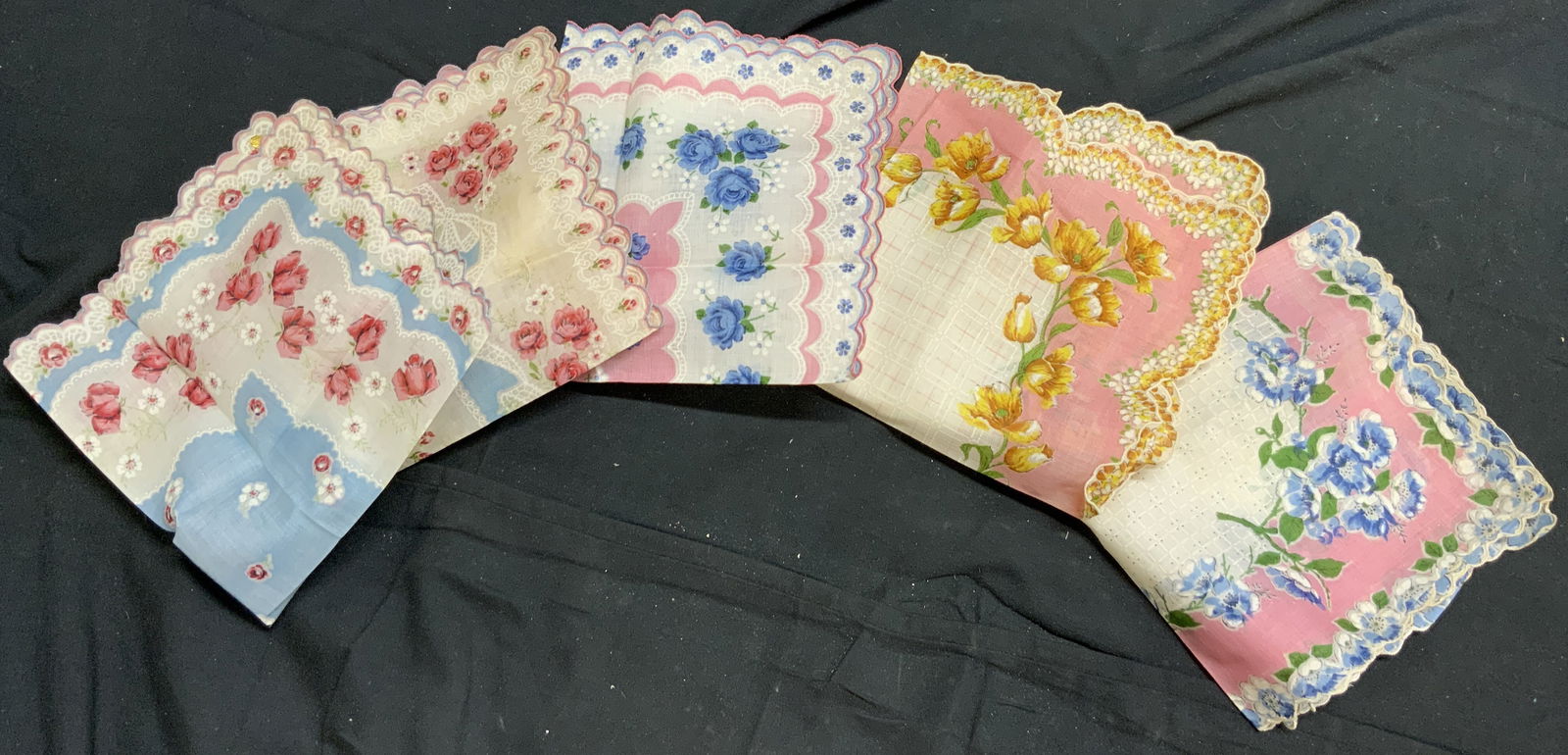 Lot 5 Vintage Floral Detailed Handkerchiefs: Lot includes 5 handkerchiefs. Each have intricate multi toned floral and leaf detail. Each measures approximately 13 inches square. Hankies, Accessory, fashion, handkerchief. Evident staining and wear