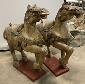 Pr Vntg Tang Dynasty Style Carved Wood Horses 43in