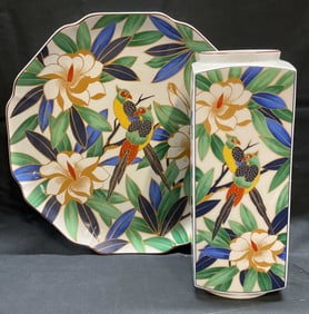 Set 2 Signed Asian Porcelain Bird Vase & Platter