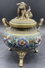 Vintage Asian Cloisonne Fu Dog Figural Incense Pot