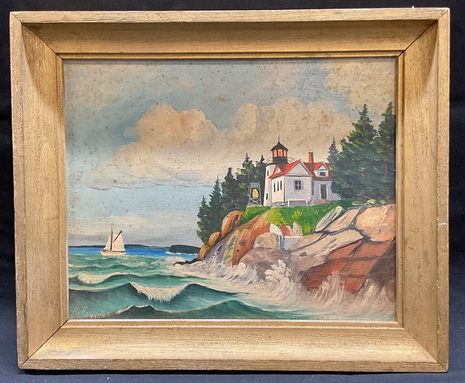 Framed Howe Higgins Maine Coast Oil Painting: Framed Howe D. Higgins oil on board painting. Maine coast scene with ocean, cliff, and lighthouse. Signed on lower left. Titles on reverse of frame, partially legible reads MC ? Light House. Framed in