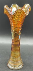 Vntg Iridescent Orange Carnival Glass Swung Vase