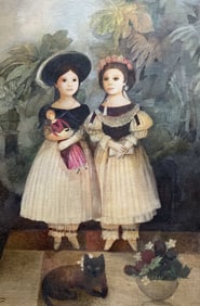 Framed Signed Oil Painting, Girls & Cat 42 In. T