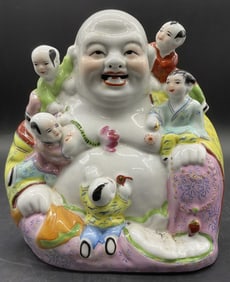 Signed Hand Painted Asian Porcelain Buddha Figural