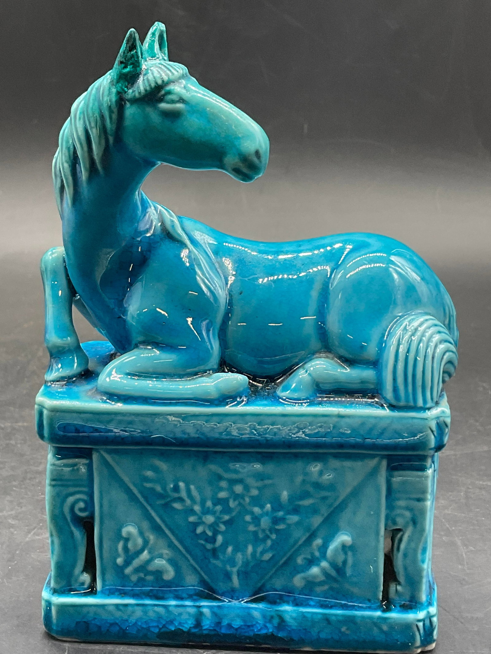Vintage Asian Turquoise Blue Ceramic Horse Figural: Vintage Asian Turquoise Blue Ceramic Horse Figural. Underside reads CHINA. Measures approx. 5.5H x 4W in. Repairs present. Chipping present. Surface wear consistent with age, use, and exposure. home d