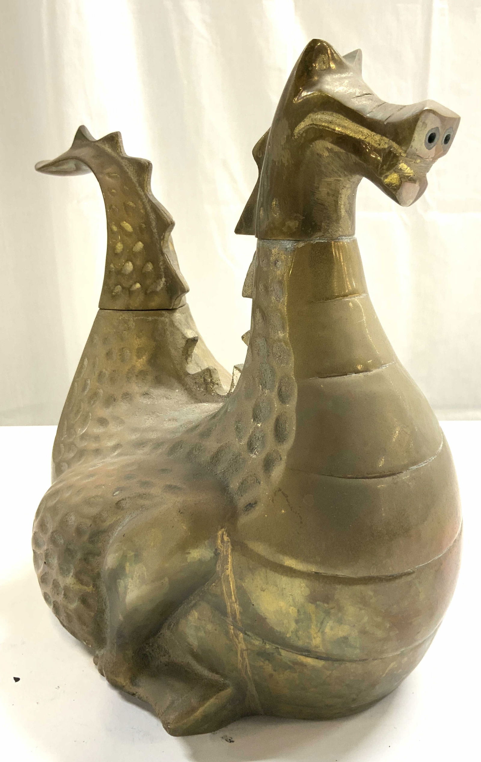 GATES GENERAL CORP Vtg Brass Dragon Stove Steamer: Underside is inscribed GATES GENERAL CORP. Piece is vintage. Stove steamer is gold toned and porcelain. Piece has dragon form. Stove steamer has removable head & detail. Neck & dragon nostrils have st