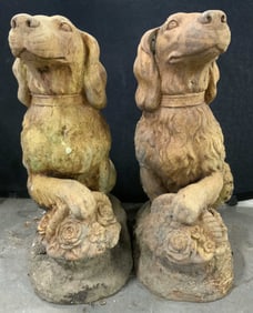 Pair Vntg Cement Outdoor Dog Statuaries 25in