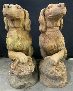Pair Vntg Cement Outdoor Dog Statuaries 25in: Lot includes 2 dog statuaries. Each appear to be cement possibly plaster. Each statuary depicts a dog with basket under from paws. Dog statuaries are each significantly weighted. Each piece measures a