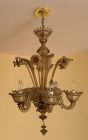 Gold Toned Art Glass Murano 5 arm Chandelier