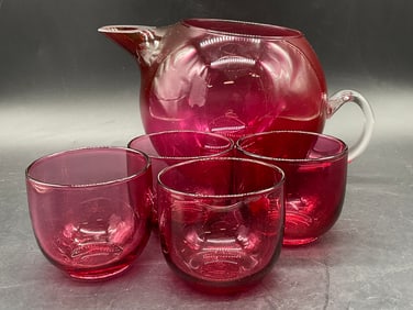 Set 5 Cranberry Art Glass Pitcher W/ Glass Cups