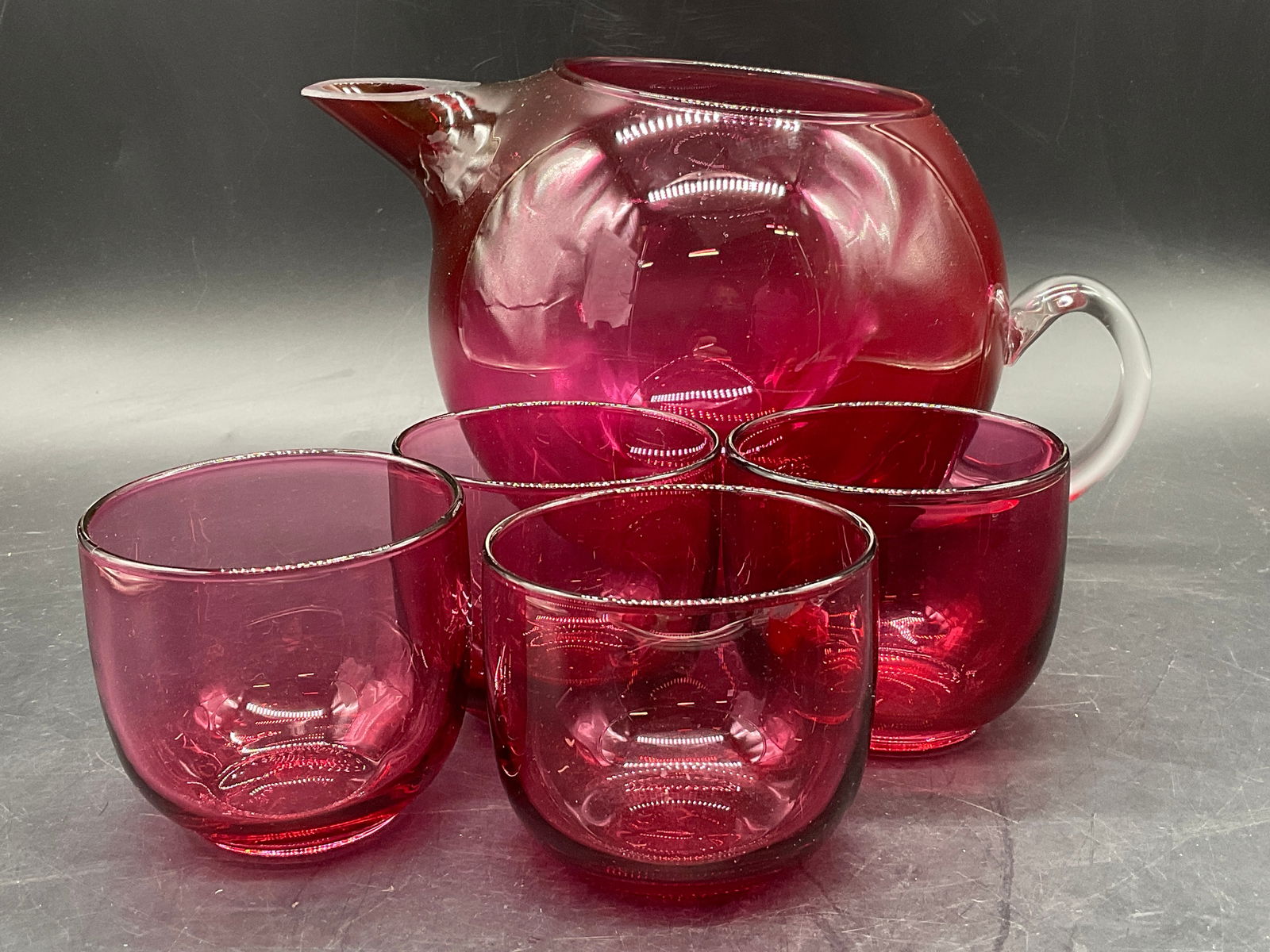 Set 5 Cranberry Art Glass Pitcher W/ Glass Cups (1 of 10)