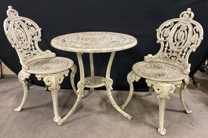 Set 3 Vintage White Iron Bistro Chairs & Table (1 of 8)