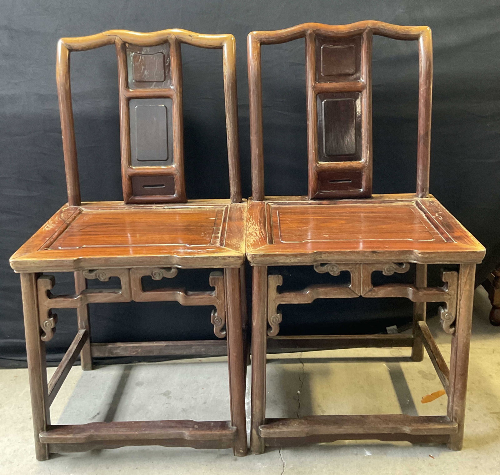 Pair Vintage Asian Wood Frame Yolk Back Chairs: Pair Vintage Asian Wood Frame Yolk Back Chairs. Measures approx. 19.5W x 16D x 36.5H in. Cracking, losses, discoloration, and chipping present. home decor, home accents, homewares, housewares, home ac