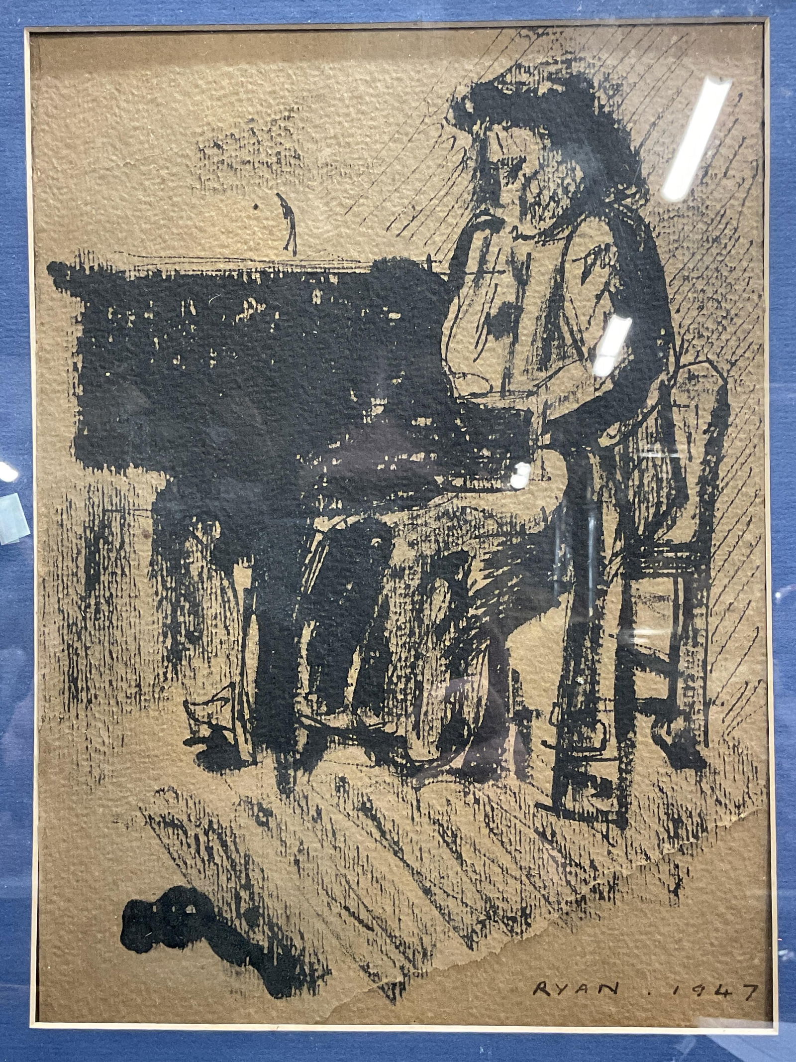 Signed Ryan 1947 Ink Drawing, Woman Seated (1 of 7)