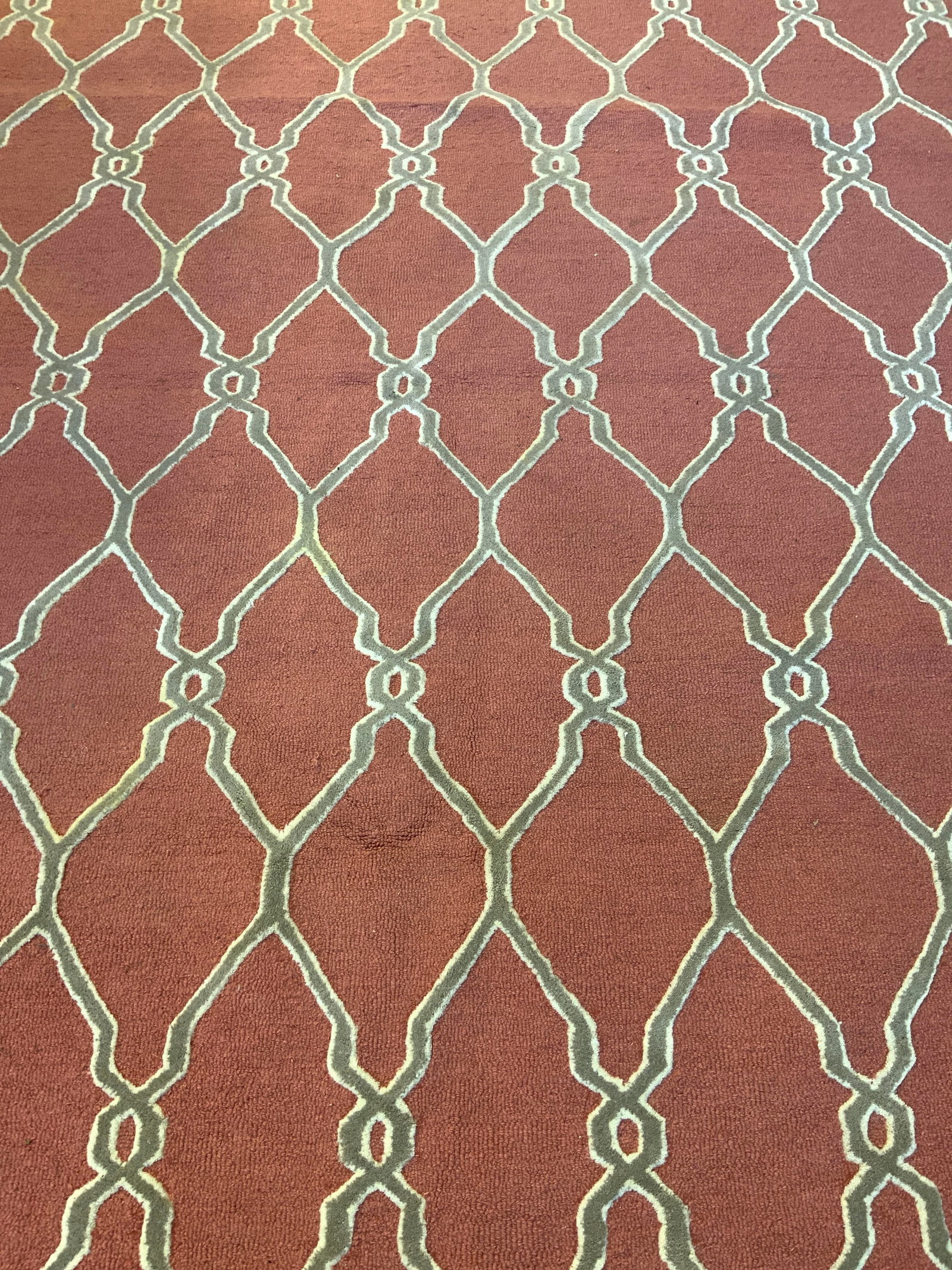 SAFAVIEH CAMBRIDGE Wool Pile Rug: Tag reads SAFAVIEH CAMBRIDGE. Rug is wool pile. Piece has peach, tan, & cream toned pattern detail. Rug Measures approximately 8 x 10 ft as stated on tag. Rug, carpet, area rug, wool rug, room size ru