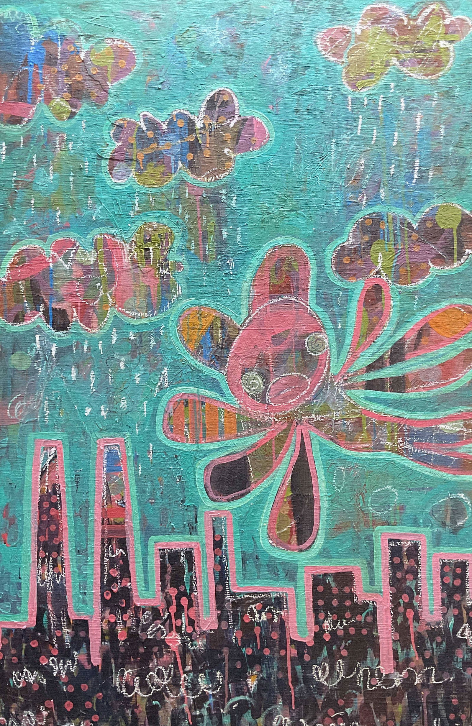 Signed Graffiti Cityscape w Flower Painting 4 Ft T (1 of 8)