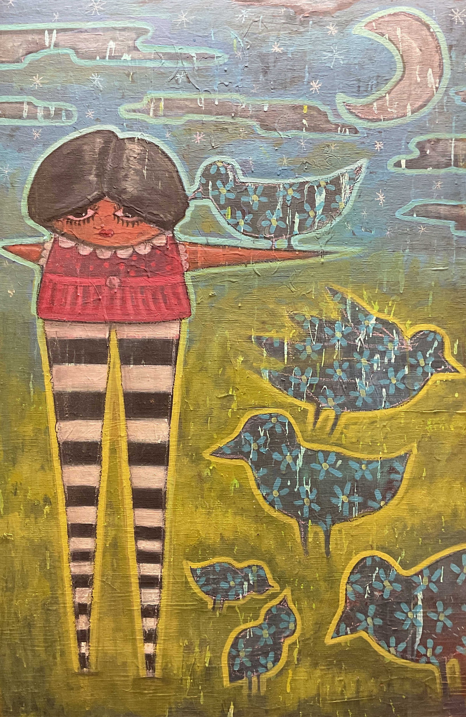 XL Graffiti Style Girl with Bird Painting, 4 Ft: Tall Contemporary painting on wood panel. Graffiti street art style girl with birds and moon. Brightly colored green and blue. Measures approx 48 x 32.25 inches. Acquired by owner in Los Angeles, Cali