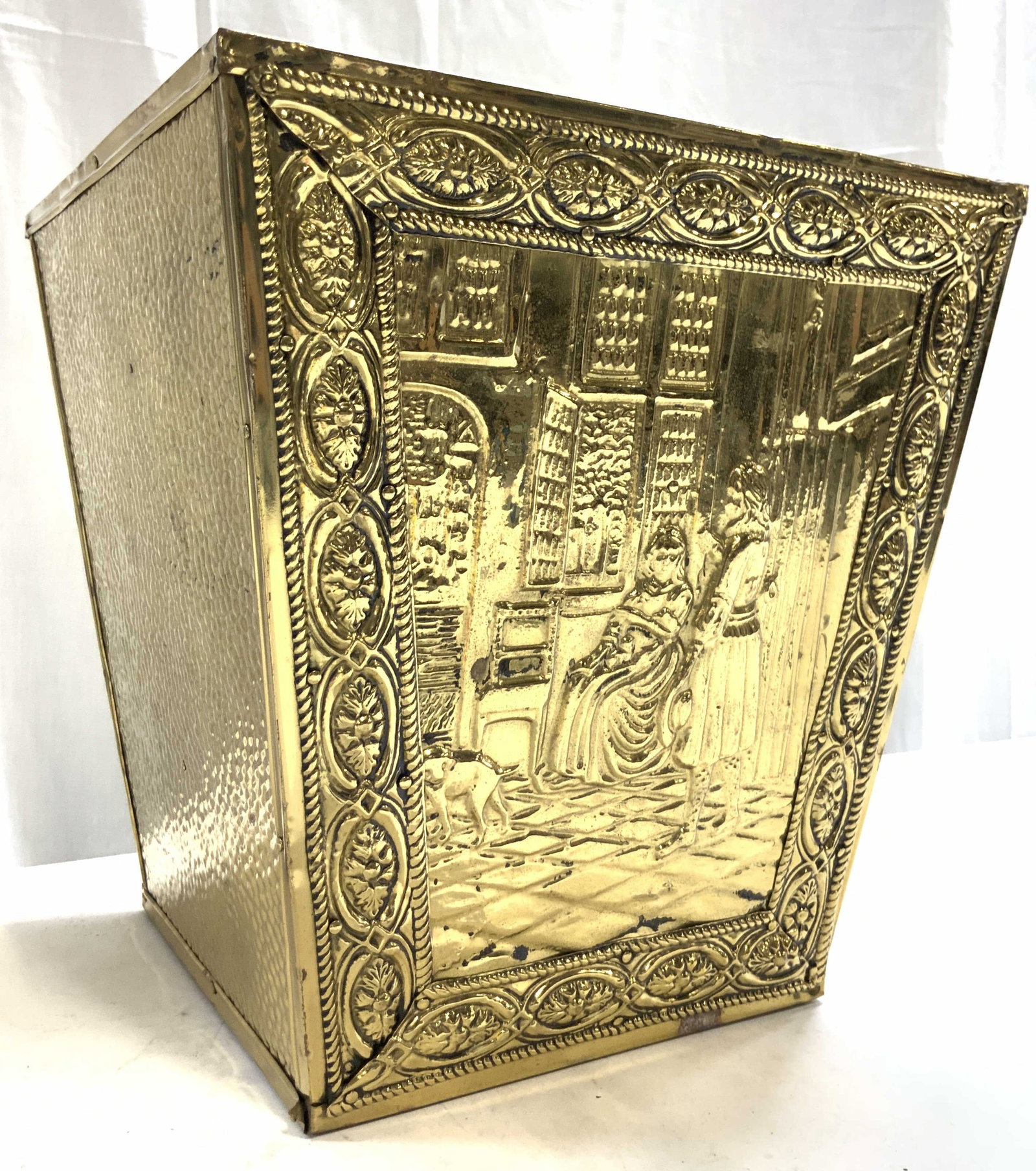 Repousse Gilt Metal & Wood Basket: Basket has Repousse exterior with 1 seated and 1 standing female figure detail. Border has floral pattern detail. Basket interior is brown toned and wooden. Piece measures approximately 10.5 inches ta