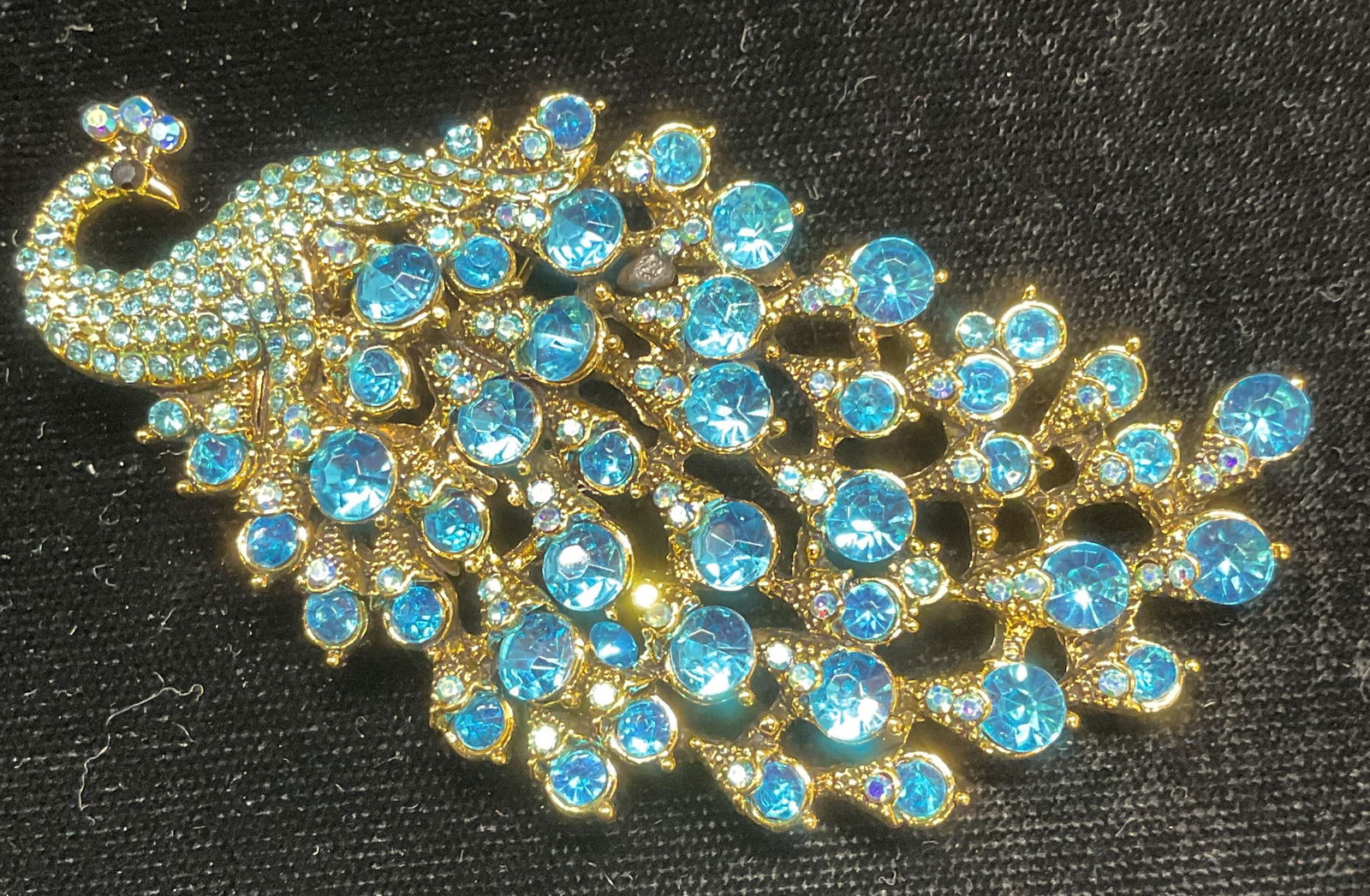 XL Gold Tone Blue Crystal Peacock Brooch, 3 in L (1 of 6)