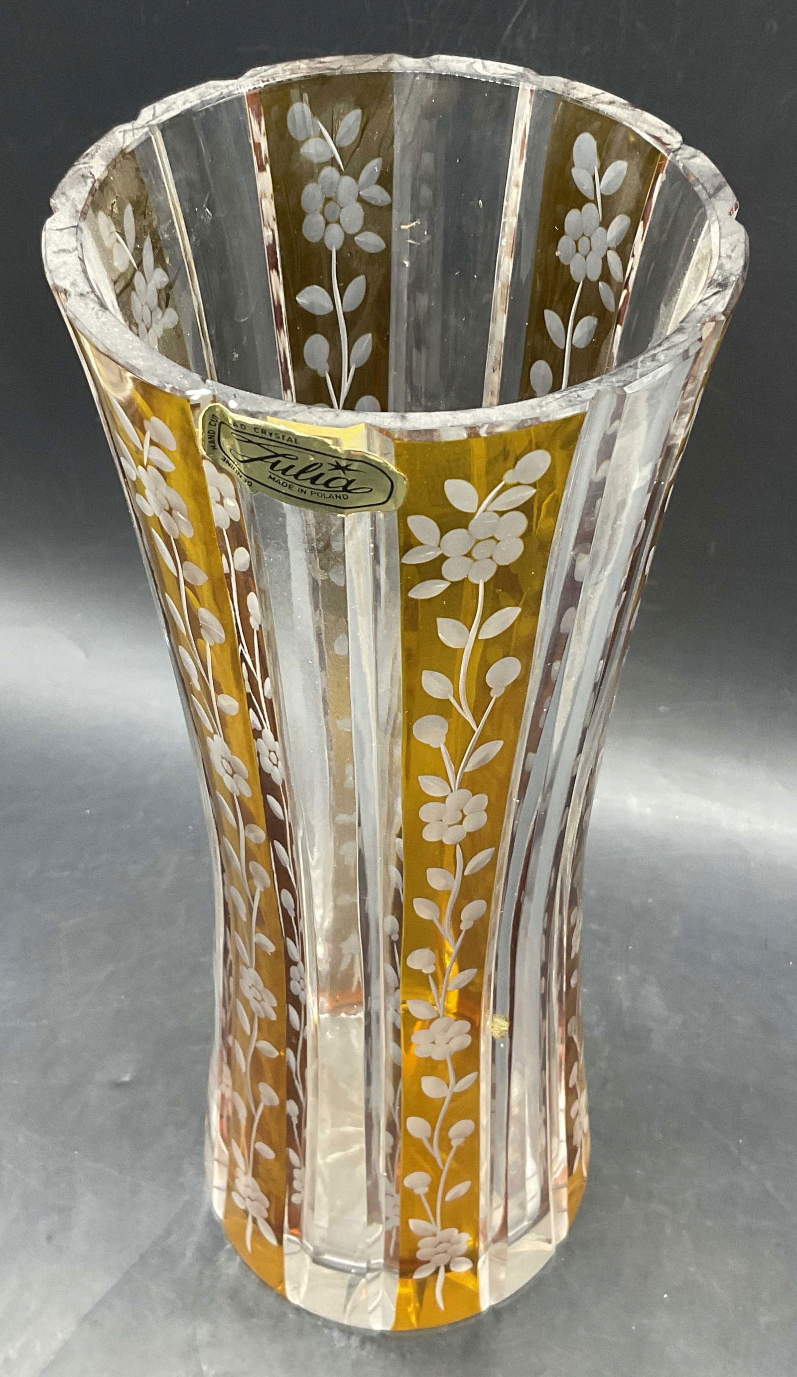 JULIA Amber Hand Cut Crystal Vase, Poland (1 of 8)