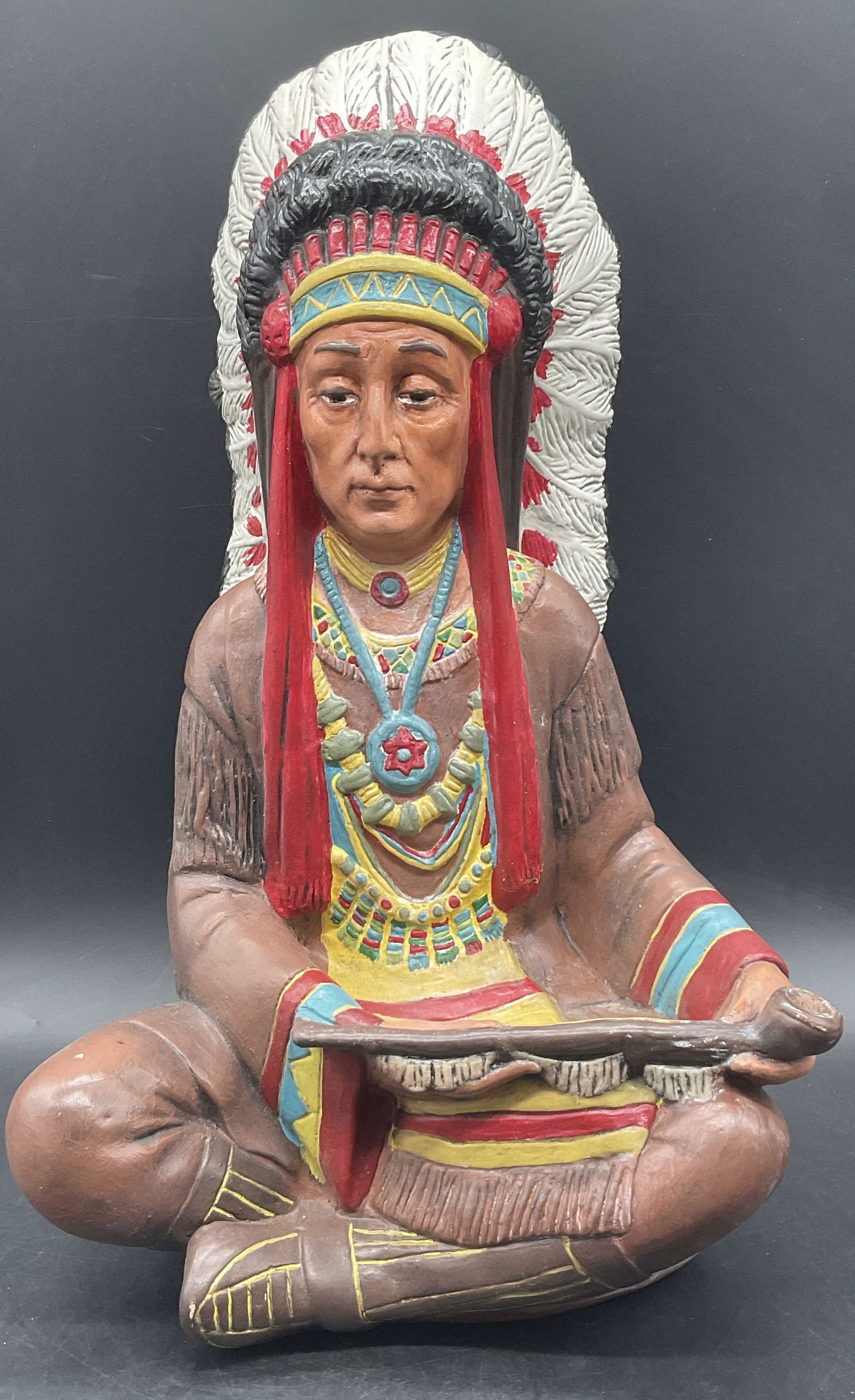 Vntg Hnd Pntd Ceramic Native American Chief 16in H (1 of 10)