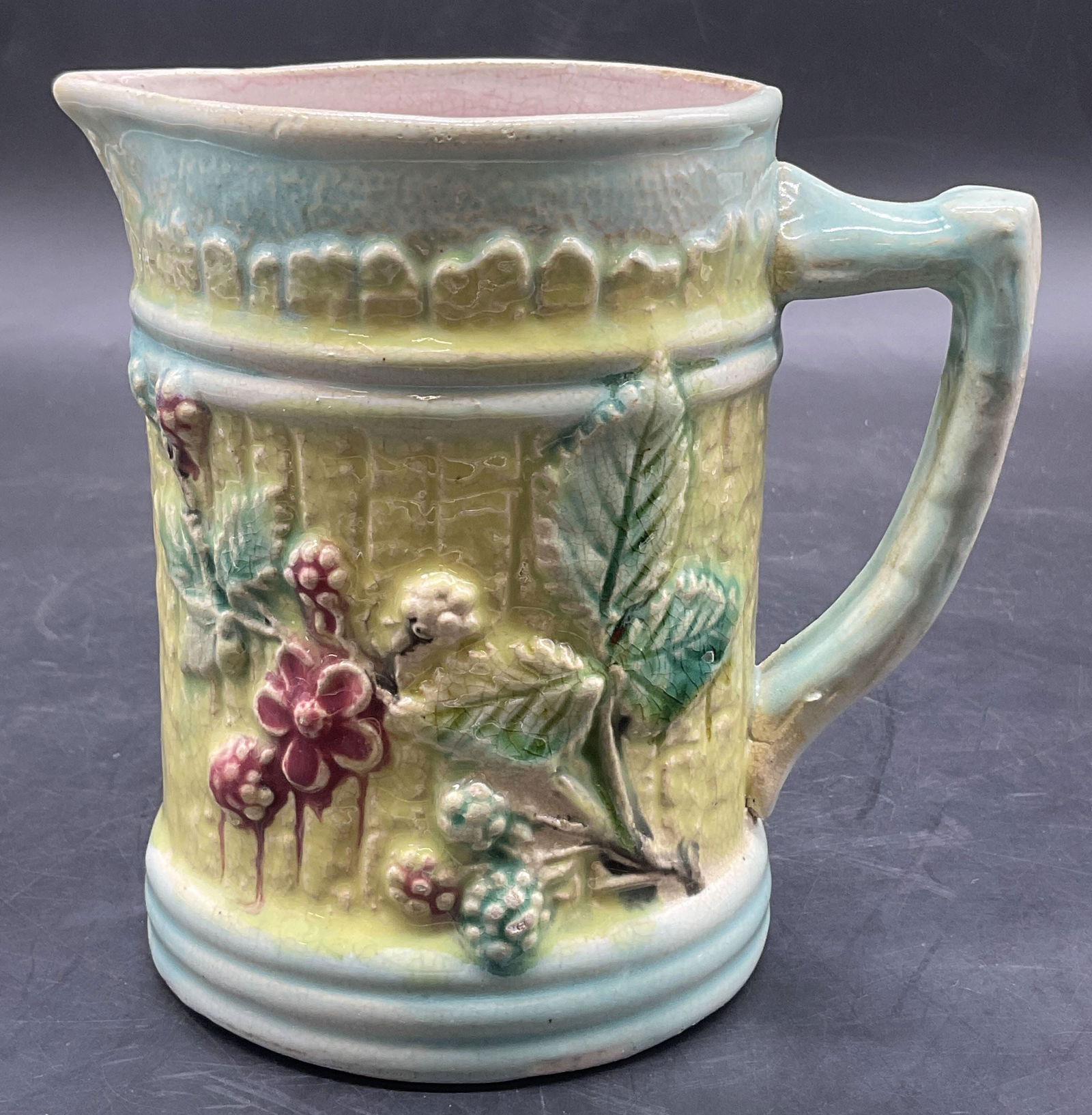 Signed Vntg Berry Motif Majolica Pottery Pitcher (1 of 9)