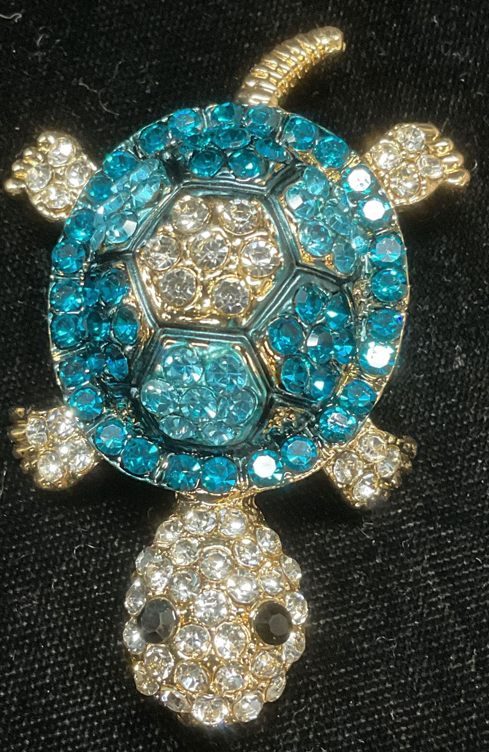 Gold Tn Blue Crystal Articulated Turtle Brooch (1 of 6)